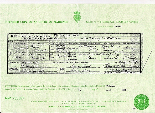 Ada Caroline Boatright and William Woodford Marriage Certificate