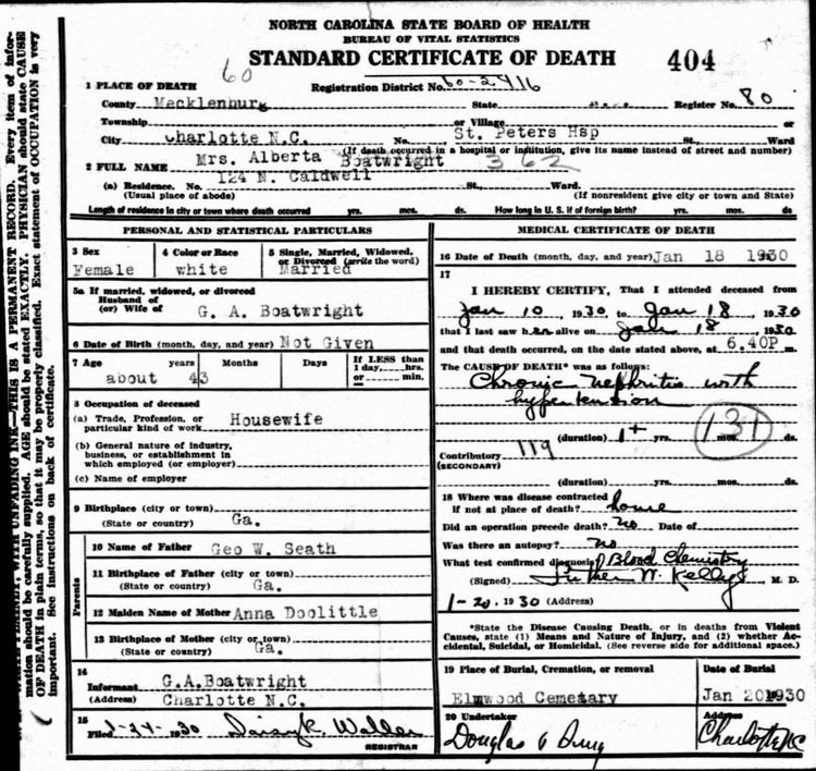 Alberta Seath Boatwright Death Certificate: