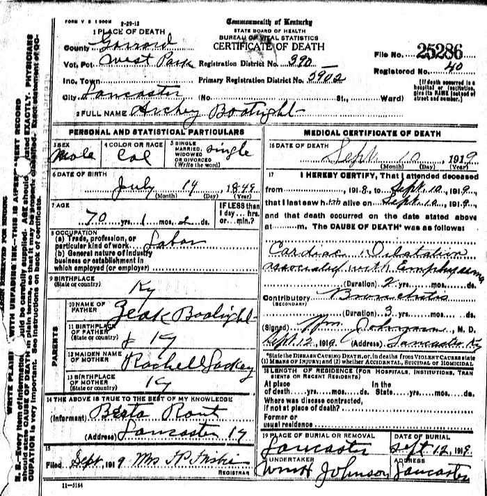 Archibald Boatwright Death Certificate: