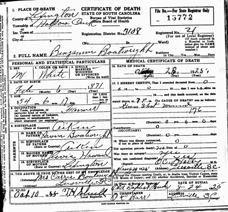 Benjamin Boatwright Death Certificate: