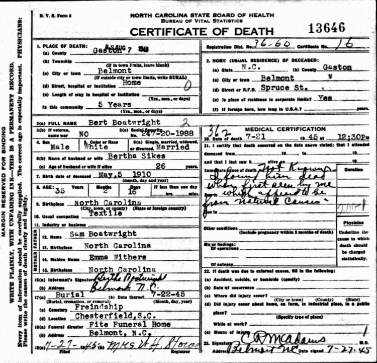 Bert Roosevelt Boatwright Death Certificate: