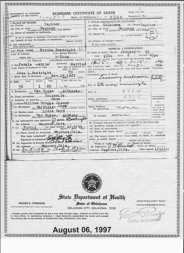 Bertha Disney Boatright Death Certificate: