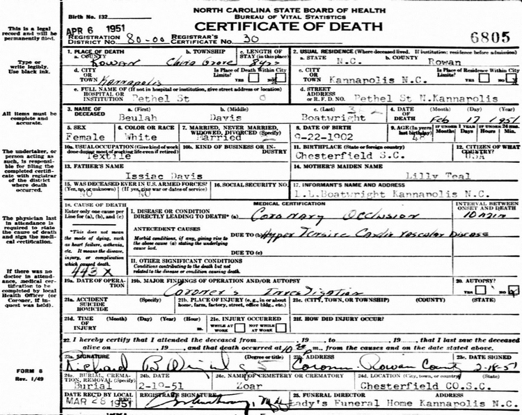Beulah M. Davis Boatwright Death Certificate: