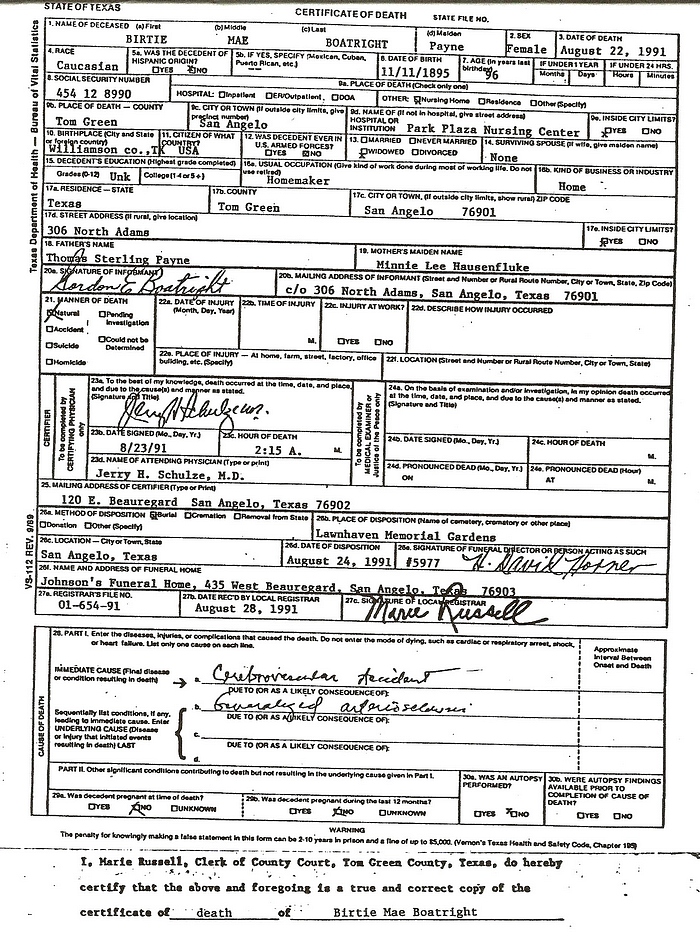 Birtie Mae Payne Boatright Death Certificate: