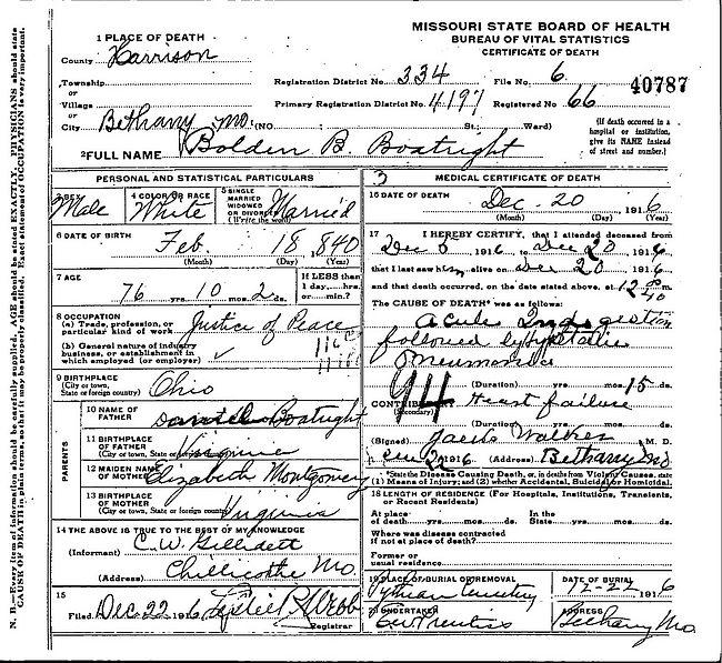 Bolden B. Boatright Death Certificate: