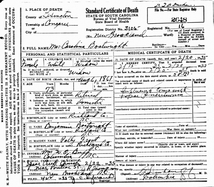 Caroline Boatwright Death Certificate: