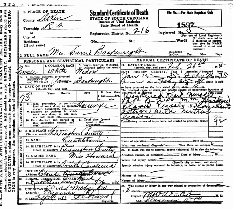 Caroline Quattlebaum Boatwright Death Certificate: