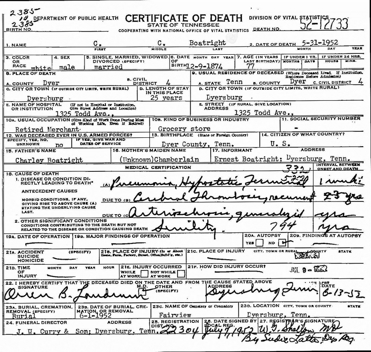 Carroll Correll Boatwright Death Certificate: