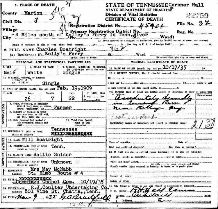 Charles Boatright Death Certificate: