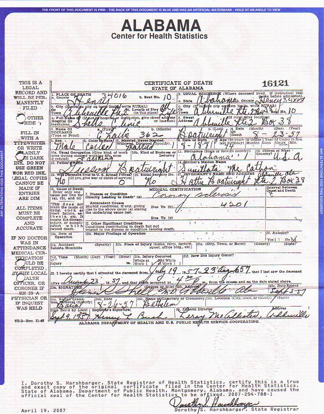 Charlie Boatwright Death Certificate: