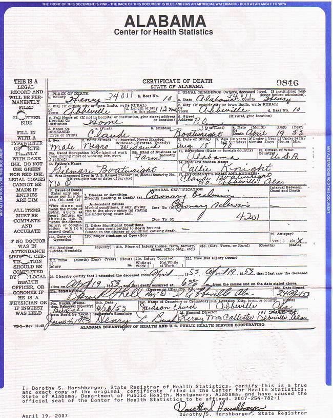 Claude Boatwright Death Certificate: