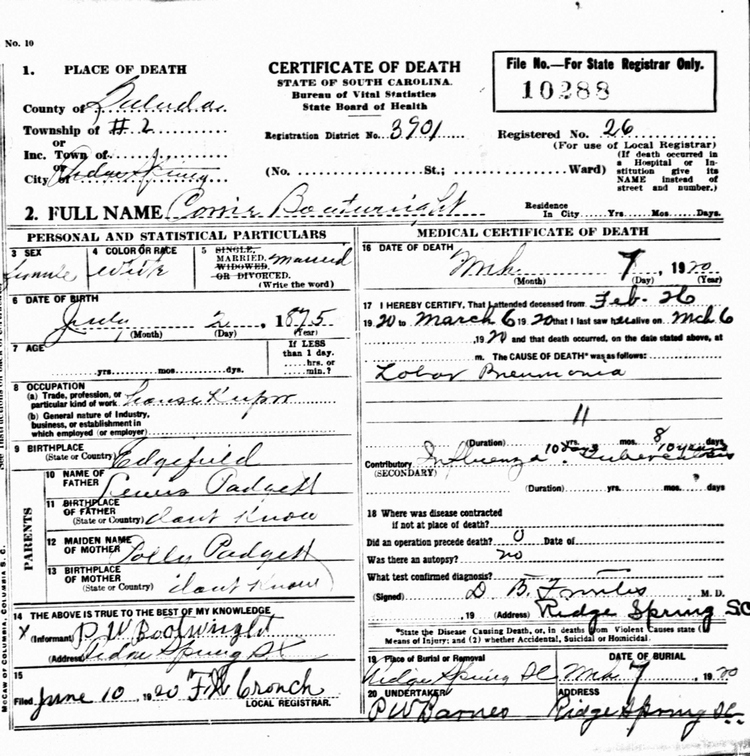 Corrie Padgett Boatwright Death Certificate: