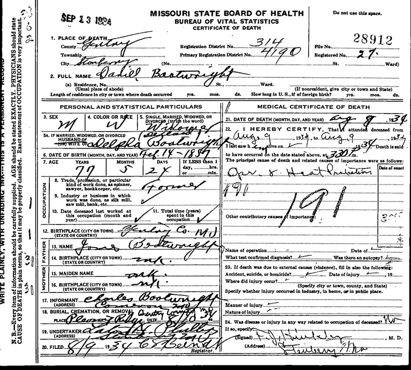 Daniel B. Boatwright Death Certificate: