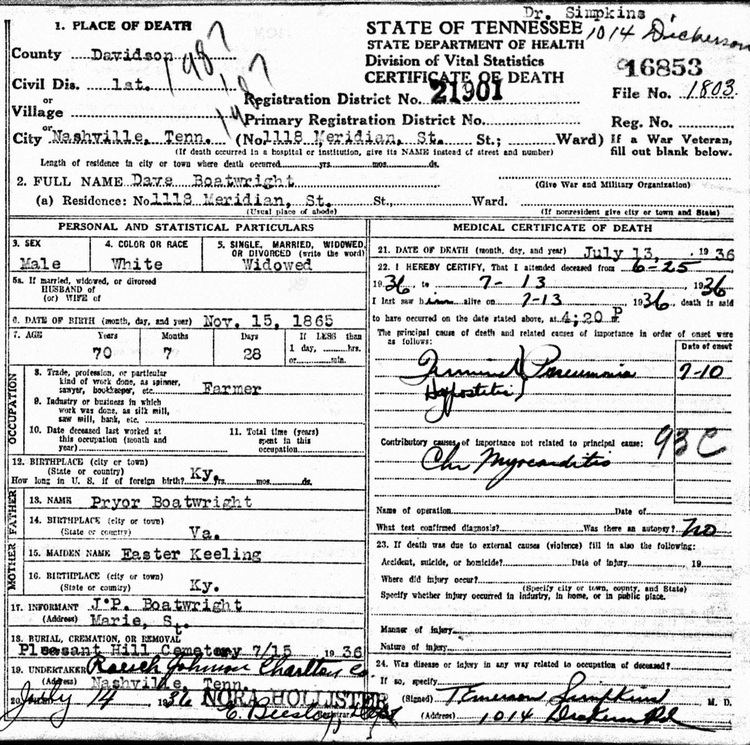 David Boatwright Death Certificate: