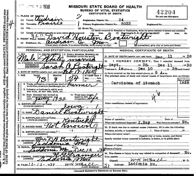 David Huston Boatwright Death Certificate: