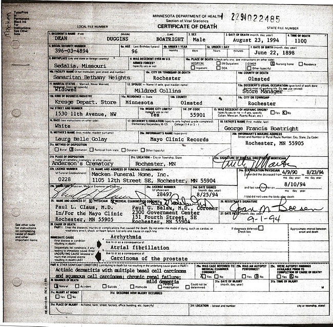 Dean Duggins Boatright Death Certificate:
