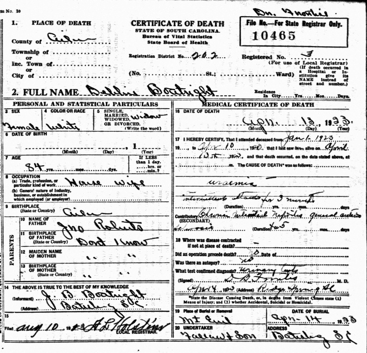 Deborah Roberts Boatwright Death Certificate: