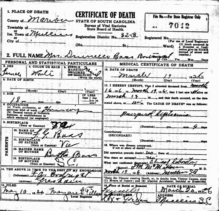 Drunella Penelope Bass Boatwright Death Certificate: