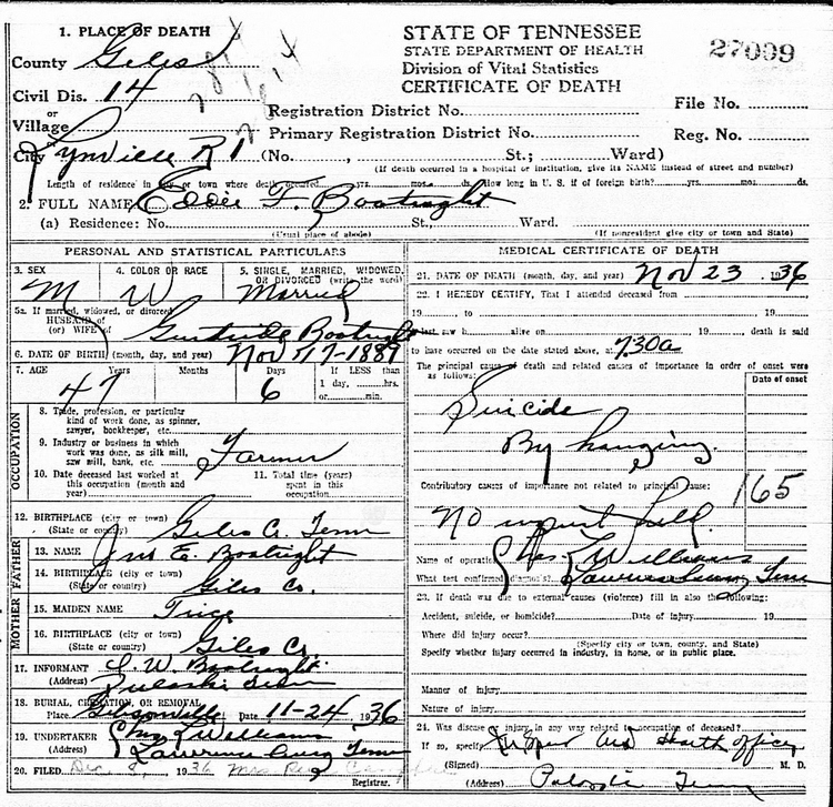 Edward Franklin Boatright Death Certificate: