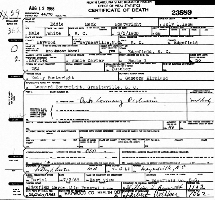 Edward Mack Boatwright Death Certificate: