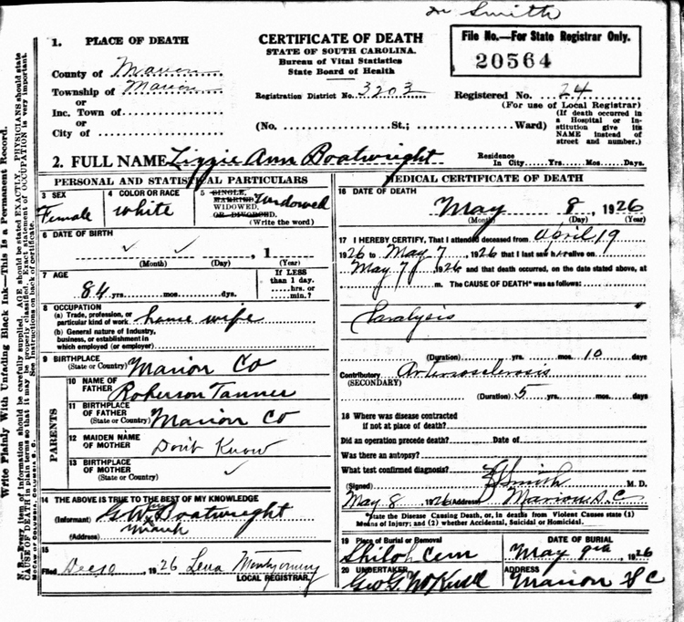 Elizabeth Ann Tanner Boatwright Death Certificate: