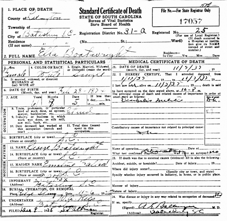 Ella Boatwright Death Certificate: