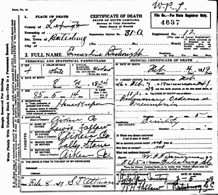 Emeline Fallow Boatwright Death Certificate: