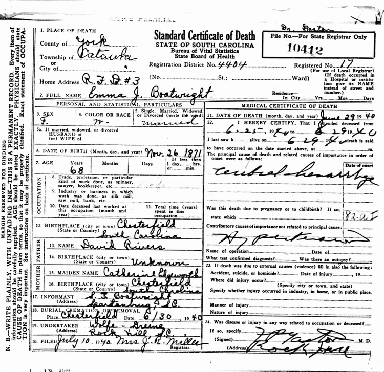 Emma Julia Rivers Boatwright Death Certificate: