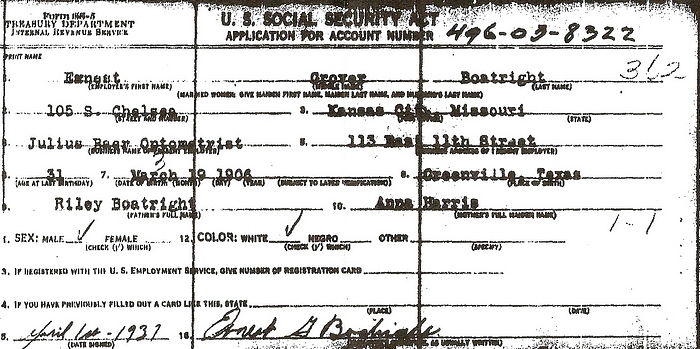 Ernest Grover Boatright Social Security Application: