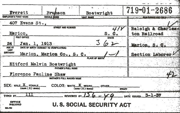 Everett Brunson Boatwright Social Security Application: