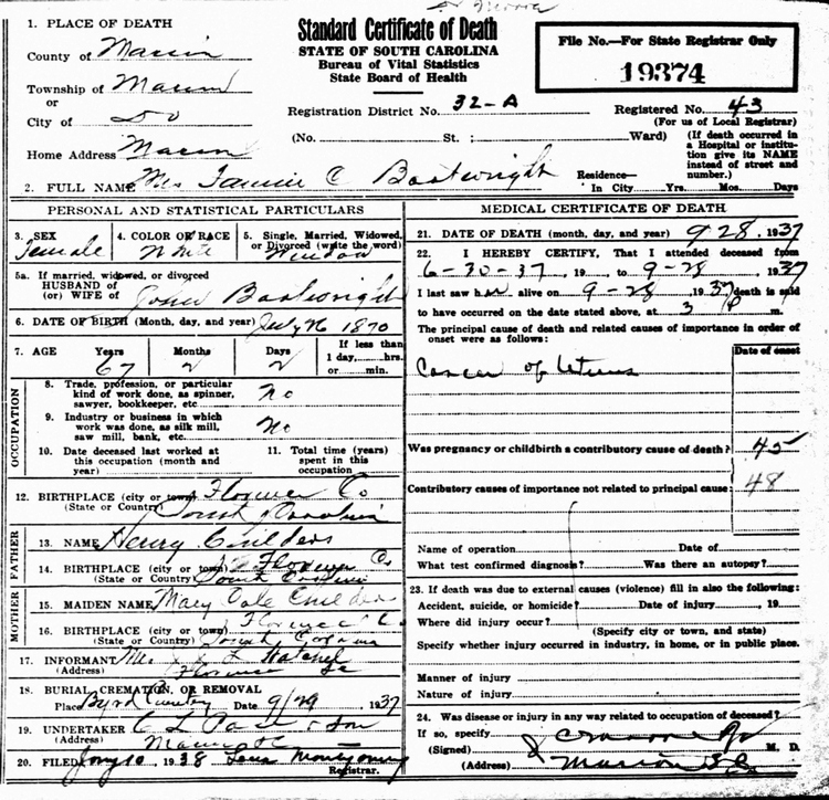 Fannie Childers Boatwright Death Certificate:
