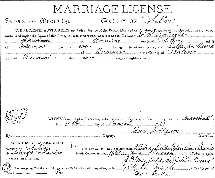 Finis Harvey and Della Maud Herndon Boatright Marriage License: