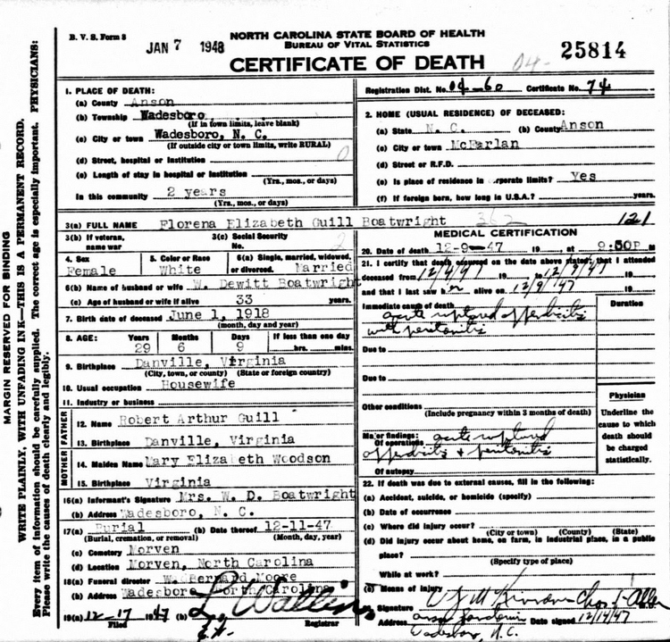 Florena Elizabeth Guill Boatwright Death Certificate: