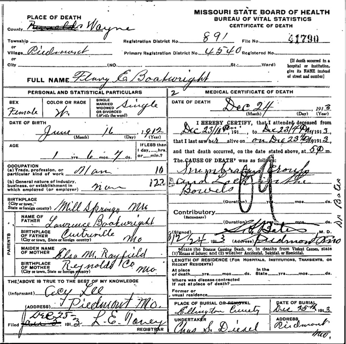 Flory E. Boatwright Death Certificate: