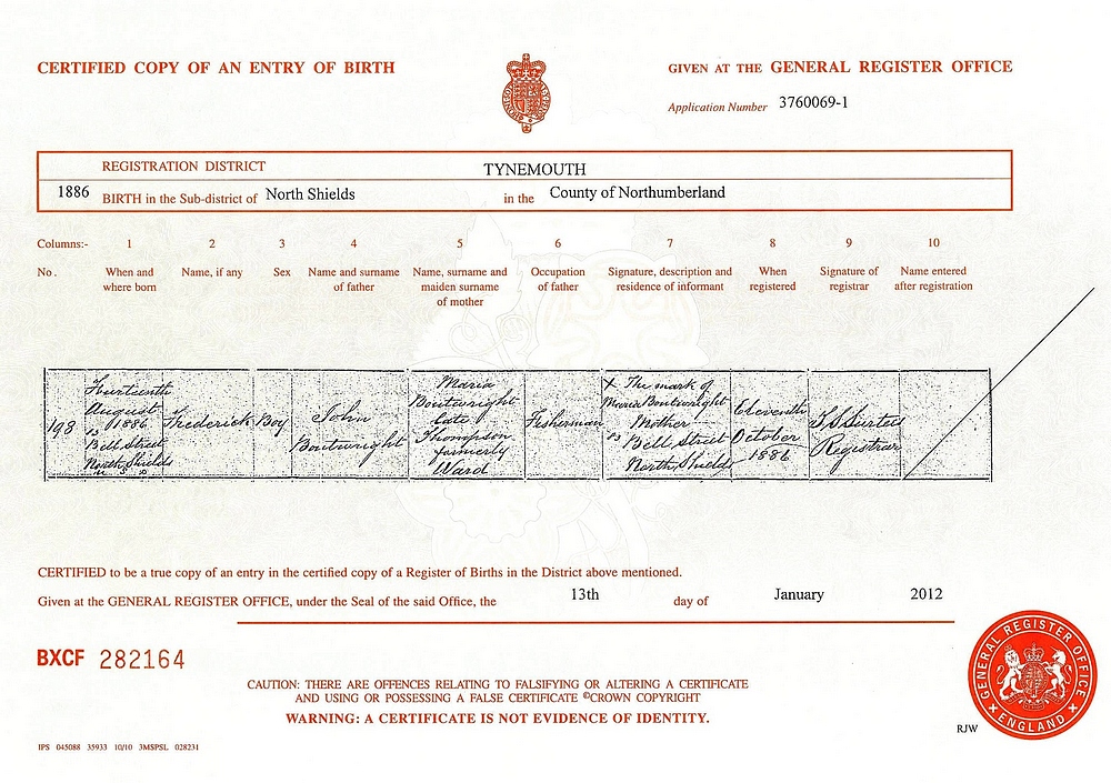 Frederick Botwright Birth Certificate: