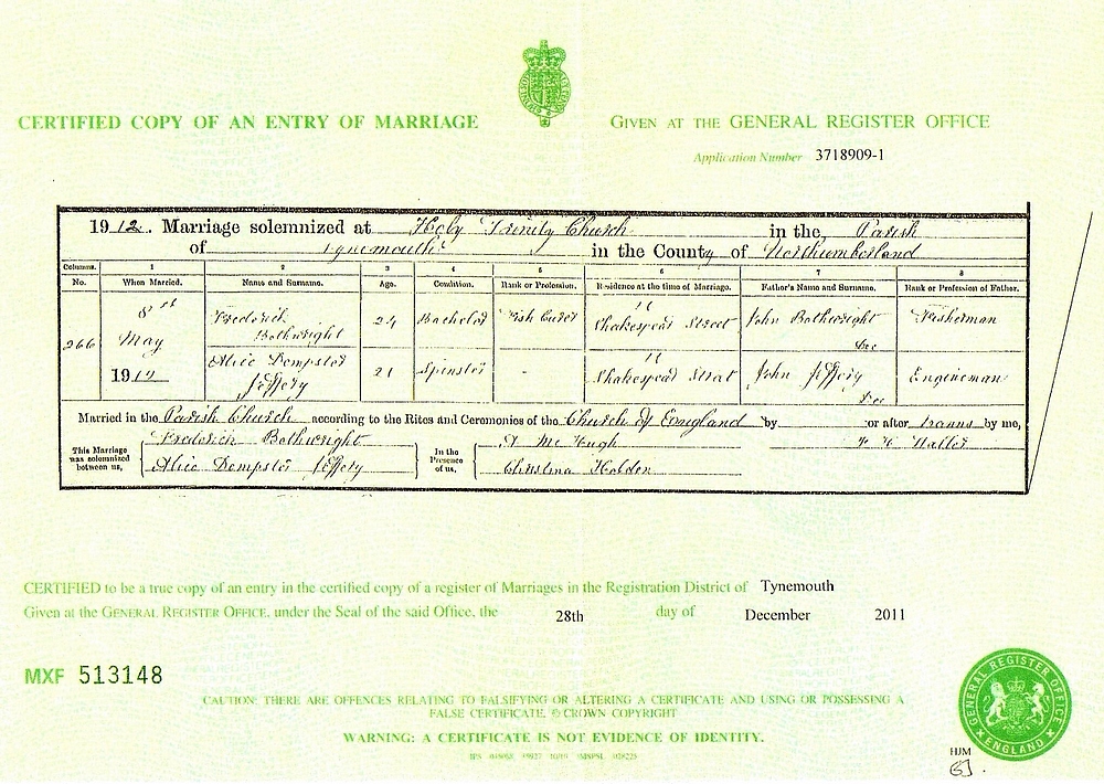 Frederick Botwright Marriage Certificate:
