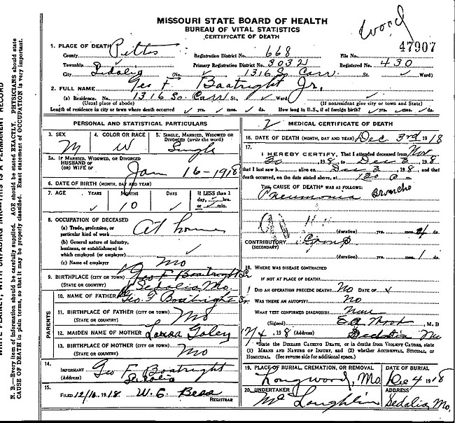 George Francis Boatright Death Certificate: