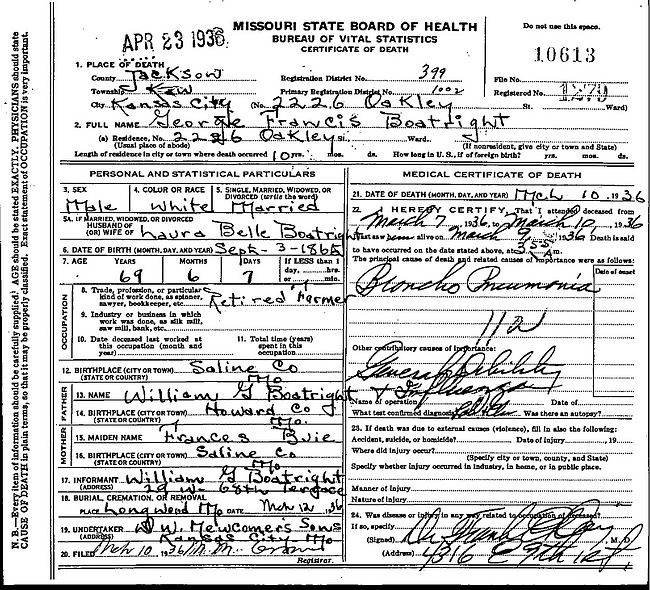 George Francis Boatright Death Certificate: