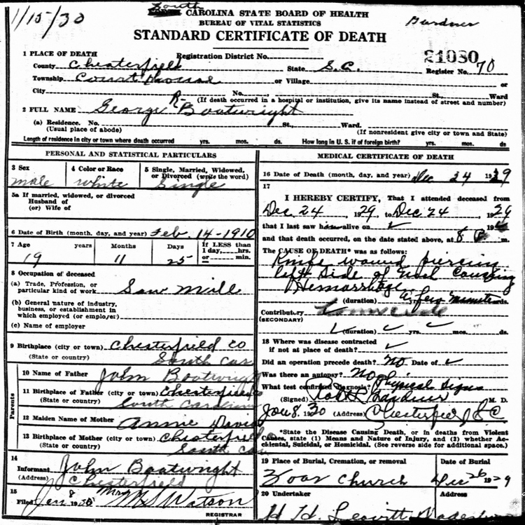 George R. Boatwright Death Certificate: