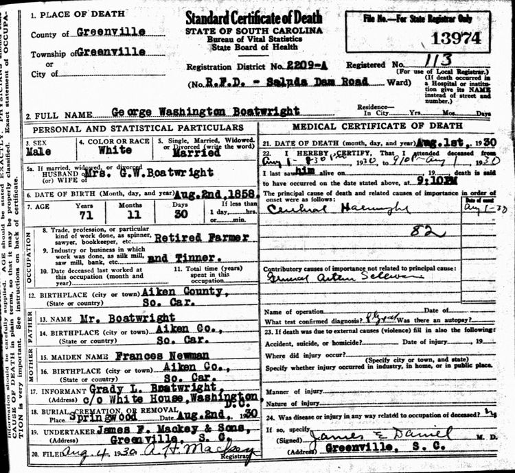 George Washington Boatwright Death Certificate: