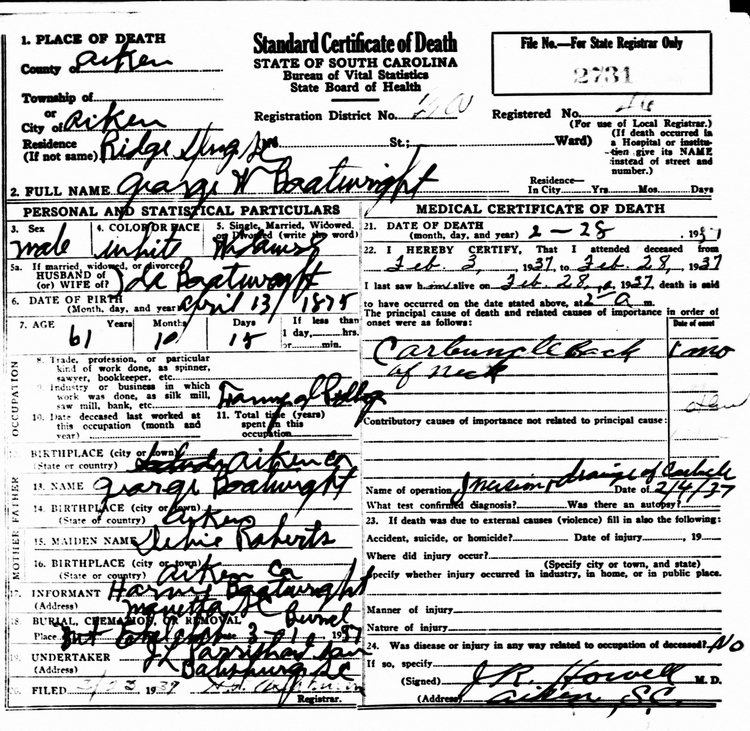 George William Boatwright Death Certificate: