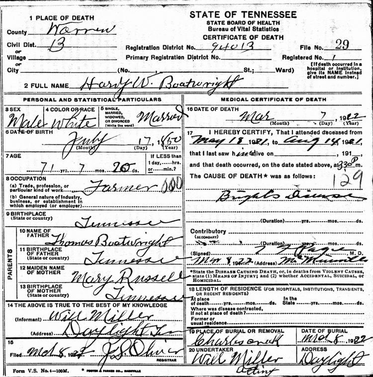 Hardy W. Boatwright Death Certificate: