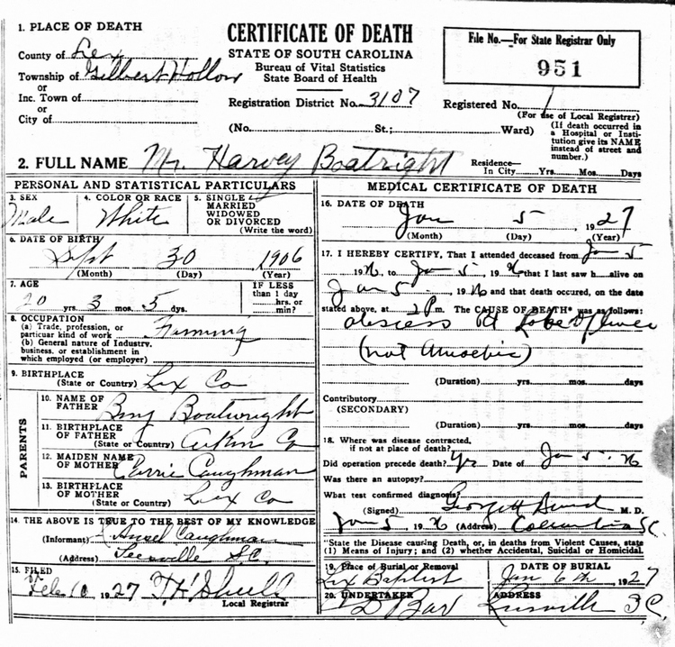 Harvey A. Boatwright Death Certificate: