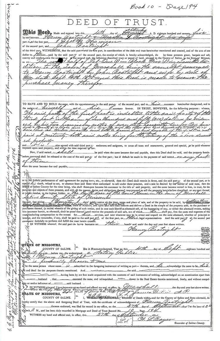 Henry H. Boatright Deed of Trust 1875: