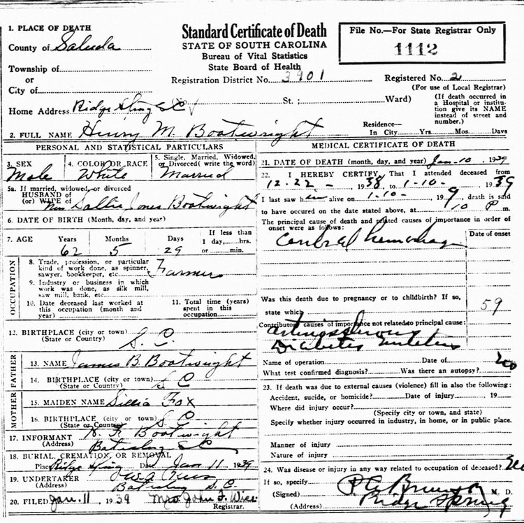 Henry Marcellus Boatwright Death Certificate: