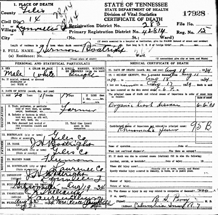 Herman Boatright Death Certificate: