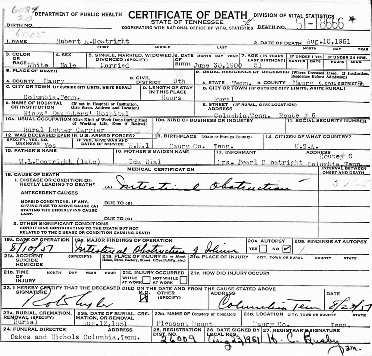 Hubert Allison Boatright Death Certificate: