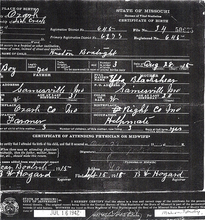 Huston Boatright Birth Certificate: