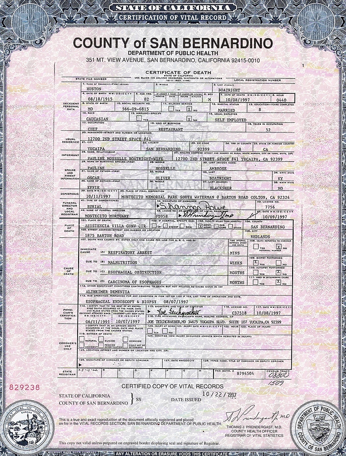 Huston Boatright Death Certificate: