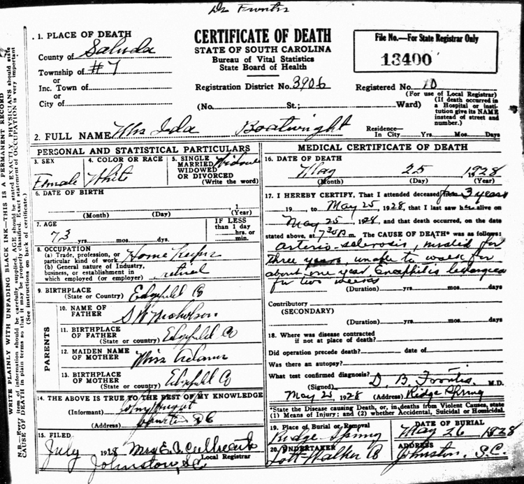 Ida Pauline Nicholson Boatwright Death Certificate: